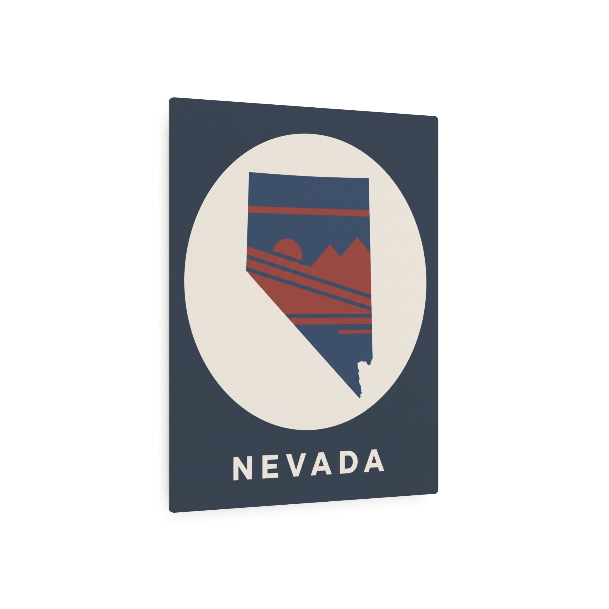 Nevada retro badge metal sign, blue square with white circle, Nevada text, and landscape bands