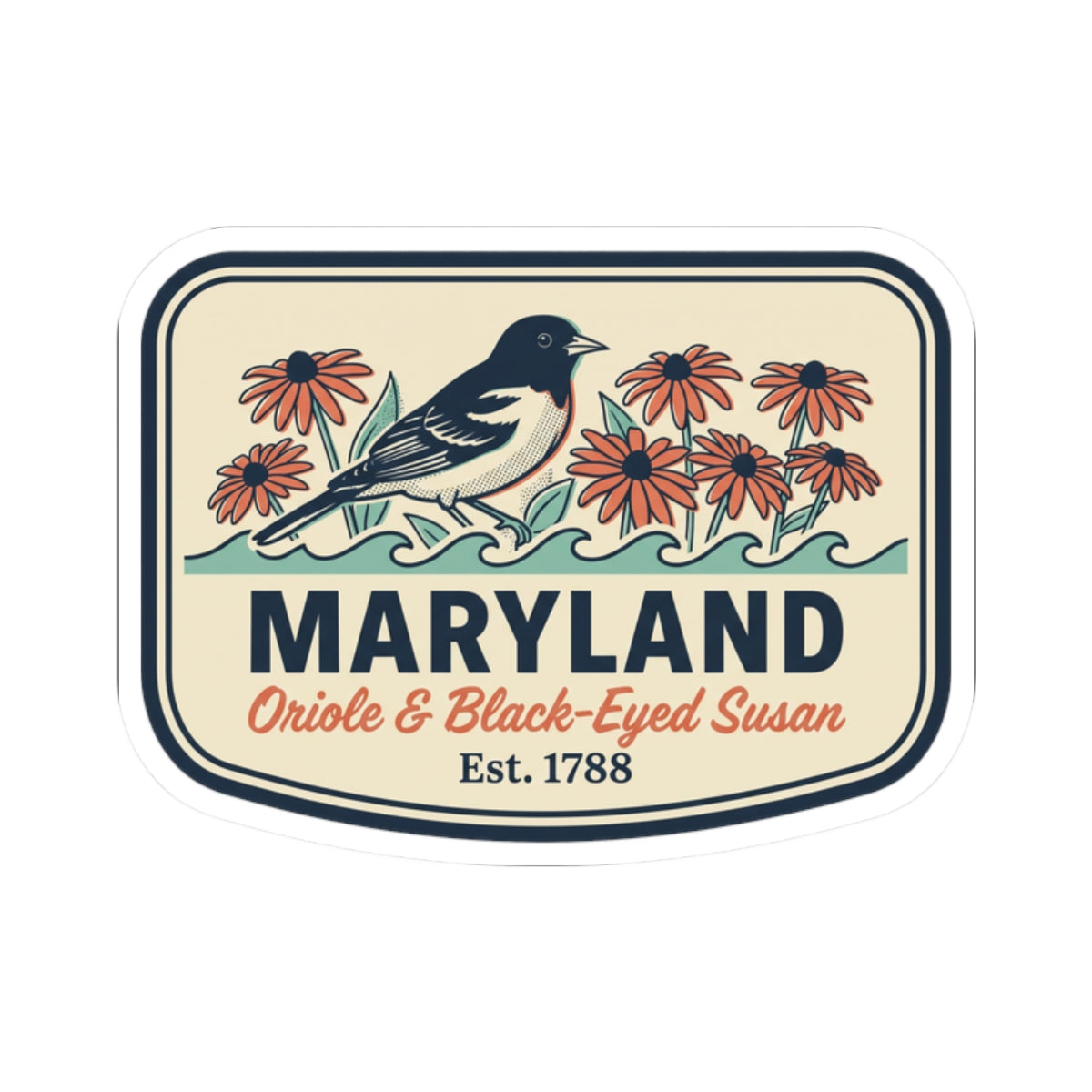 Maryland travel sticker showing bird and orange flowers with “Maryland” lettering in navy frame
