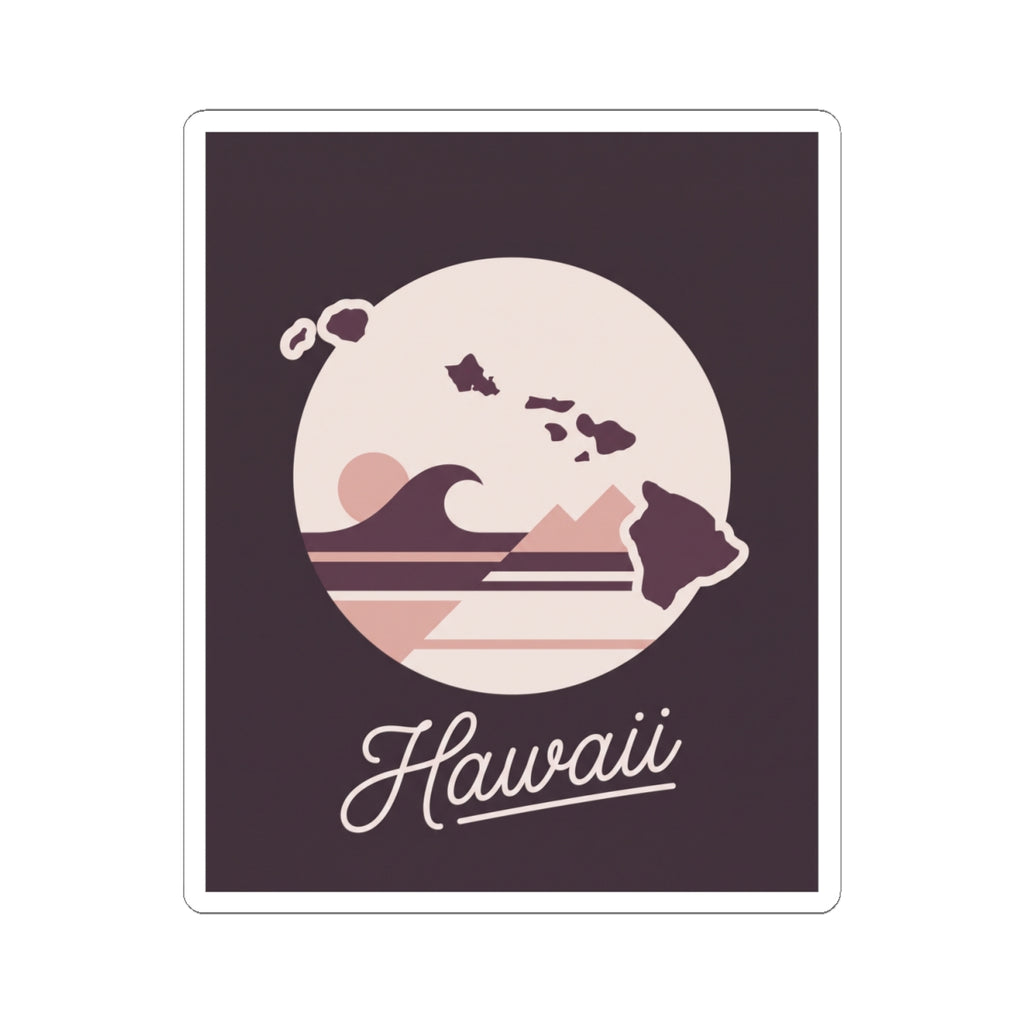Mauve square Hawaii silhouette kiss-cut vinyl decal, circle graphic with “Hawaii” script