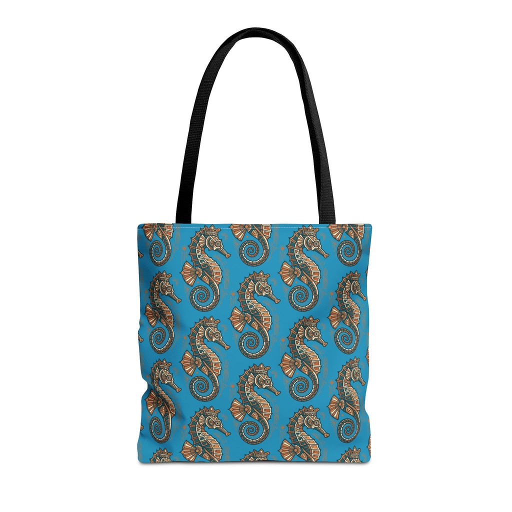 Ocean-blue tote bag with steampunk seahorse pattern and gears, black carry handles