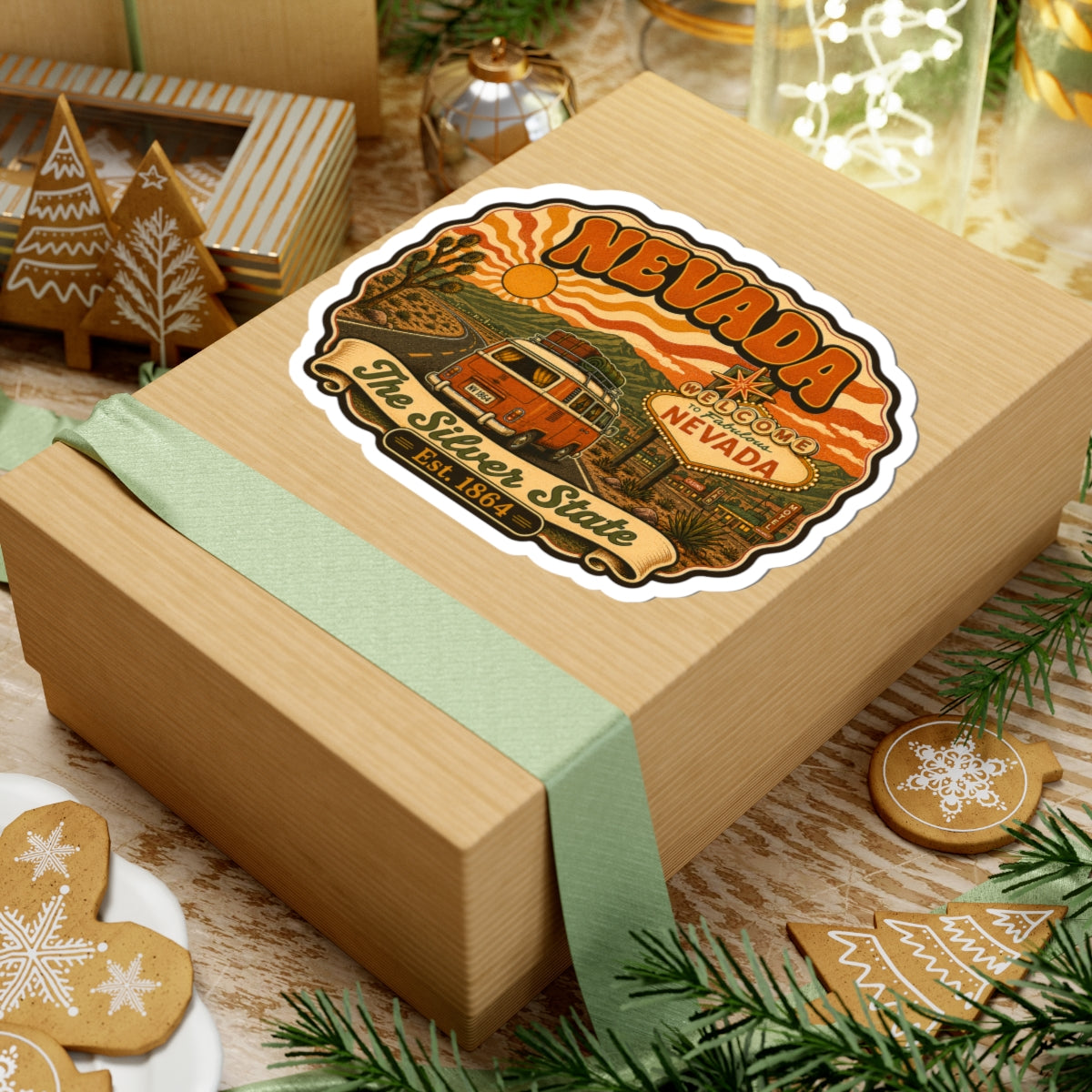 Nevada sticker on gift box: retro van and desert scene with "The Silver State" banner