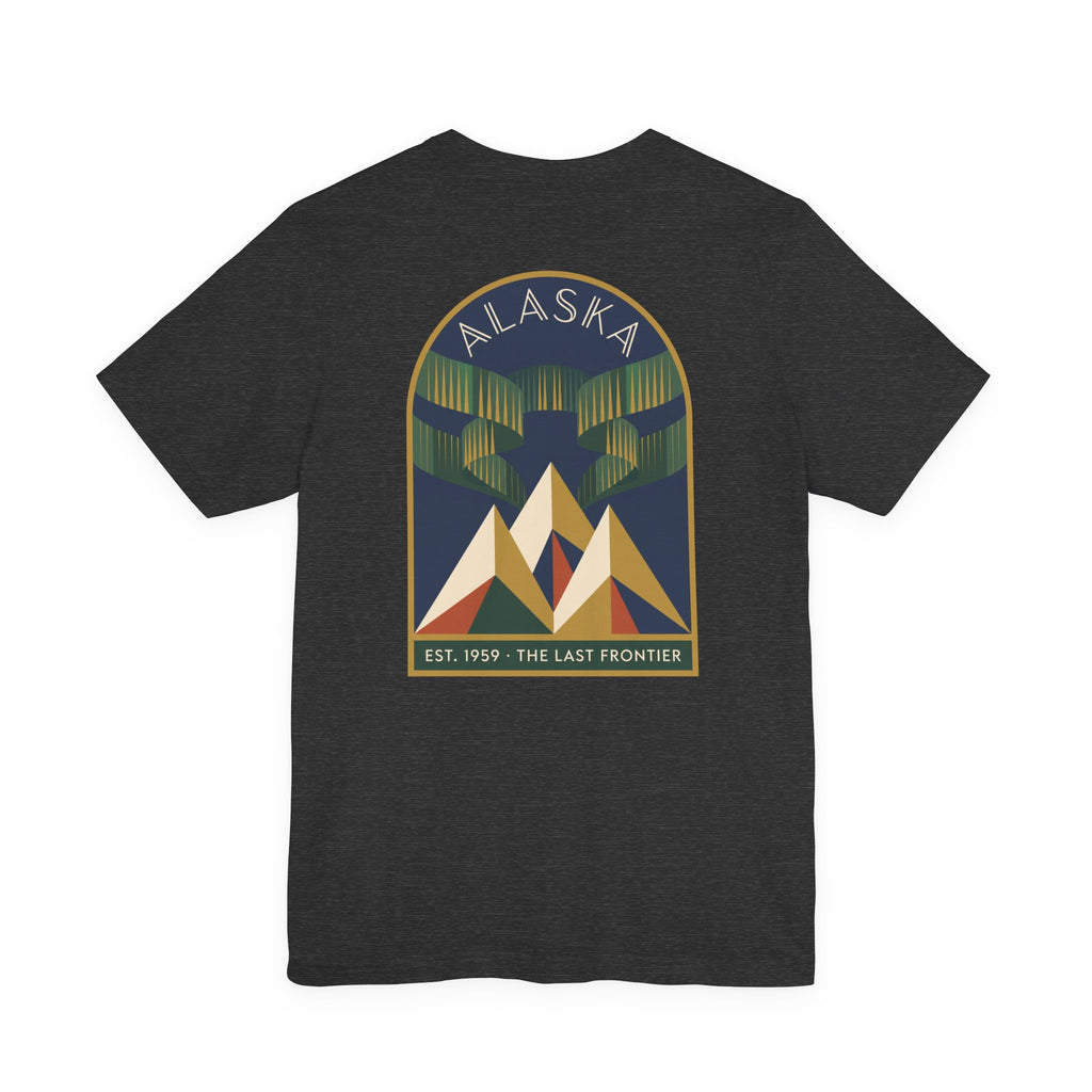 Black heather graphic T-shirt with Alaska aurora badge and mountain design