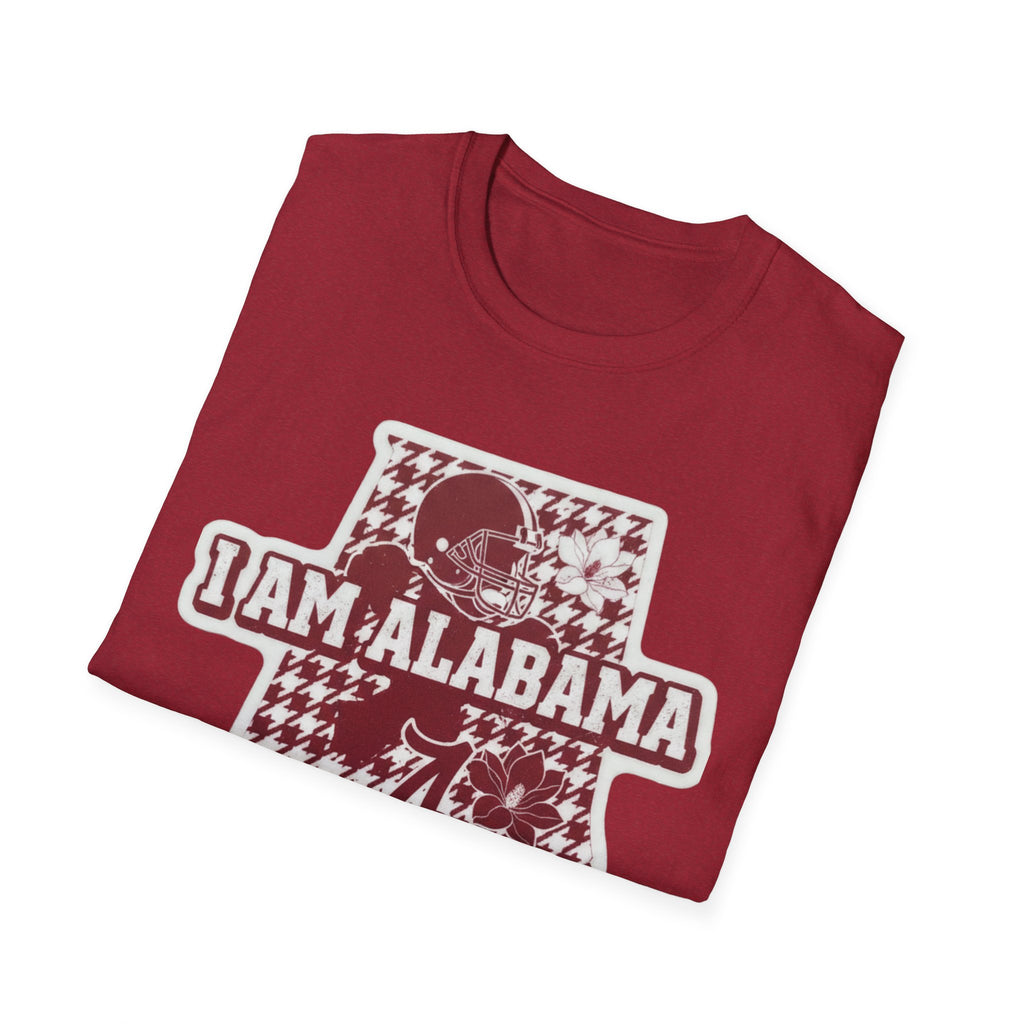 I AM ALABAMA houndstooth graphic with football helmet and flowers