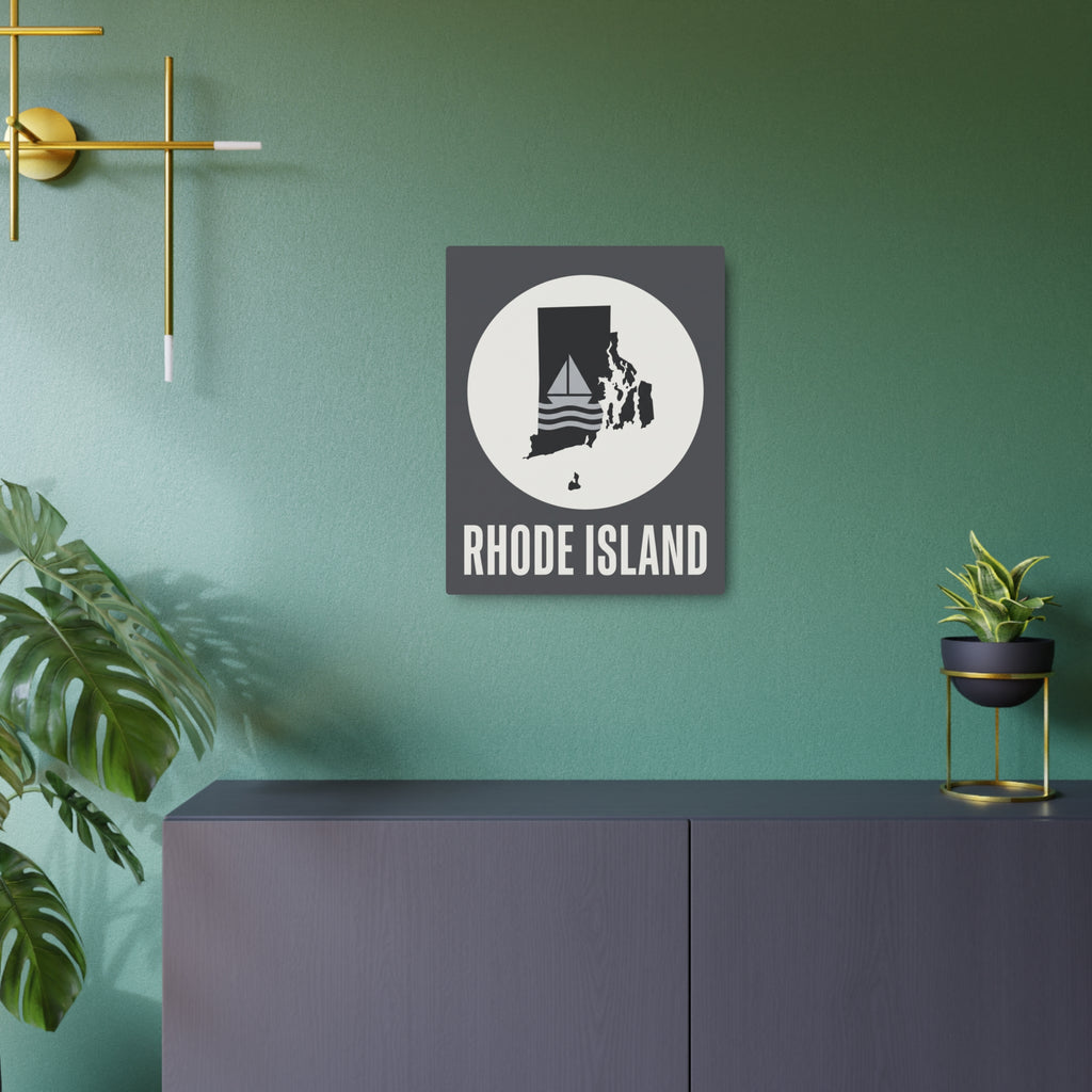 Square metal wall sign with centered circular Rhode Island sailboat silhouette and text