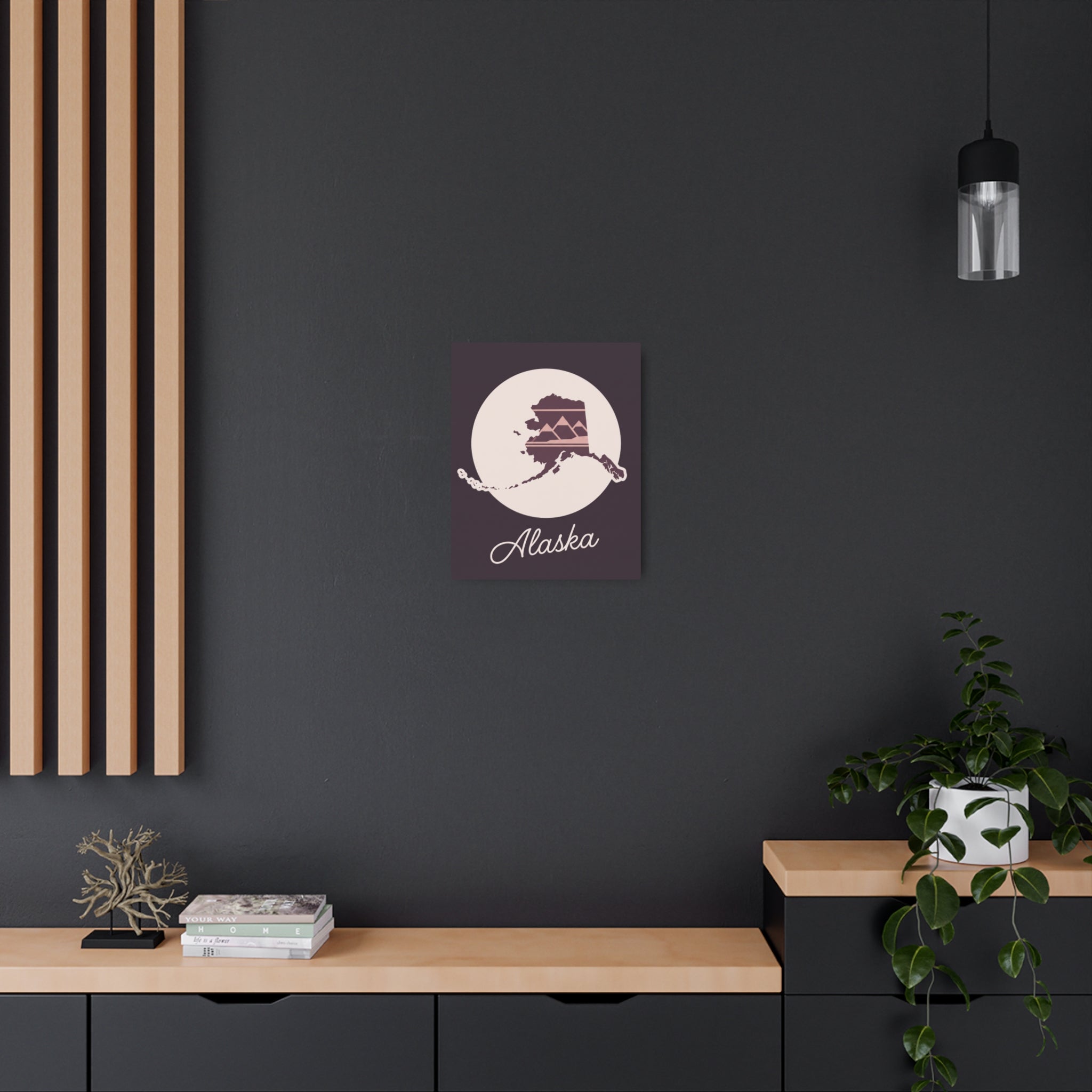 Mauve square Alaska state silhouette metal wall art sign with white circle and script