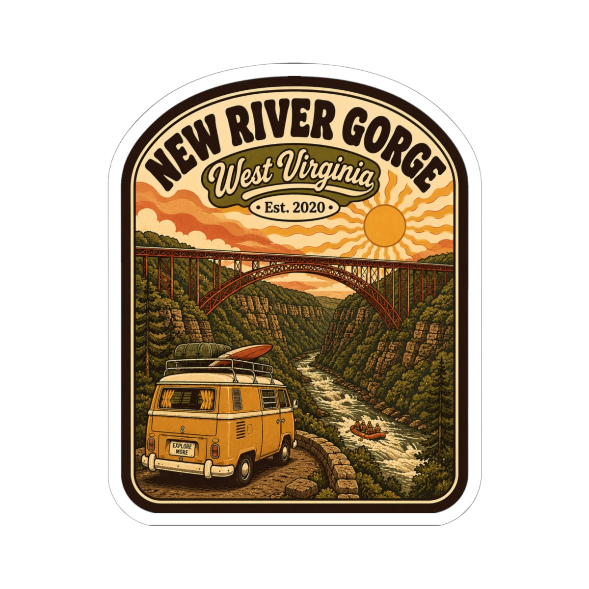 Rounded kiss-cut travel sticker with New River Gorge emblem, trees, and yellow van
