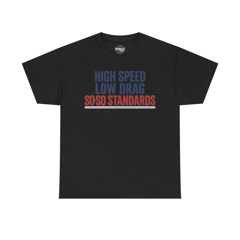 Black crew-neck T-shirt with blue and red "High Speed Low Drag" slogan graphic