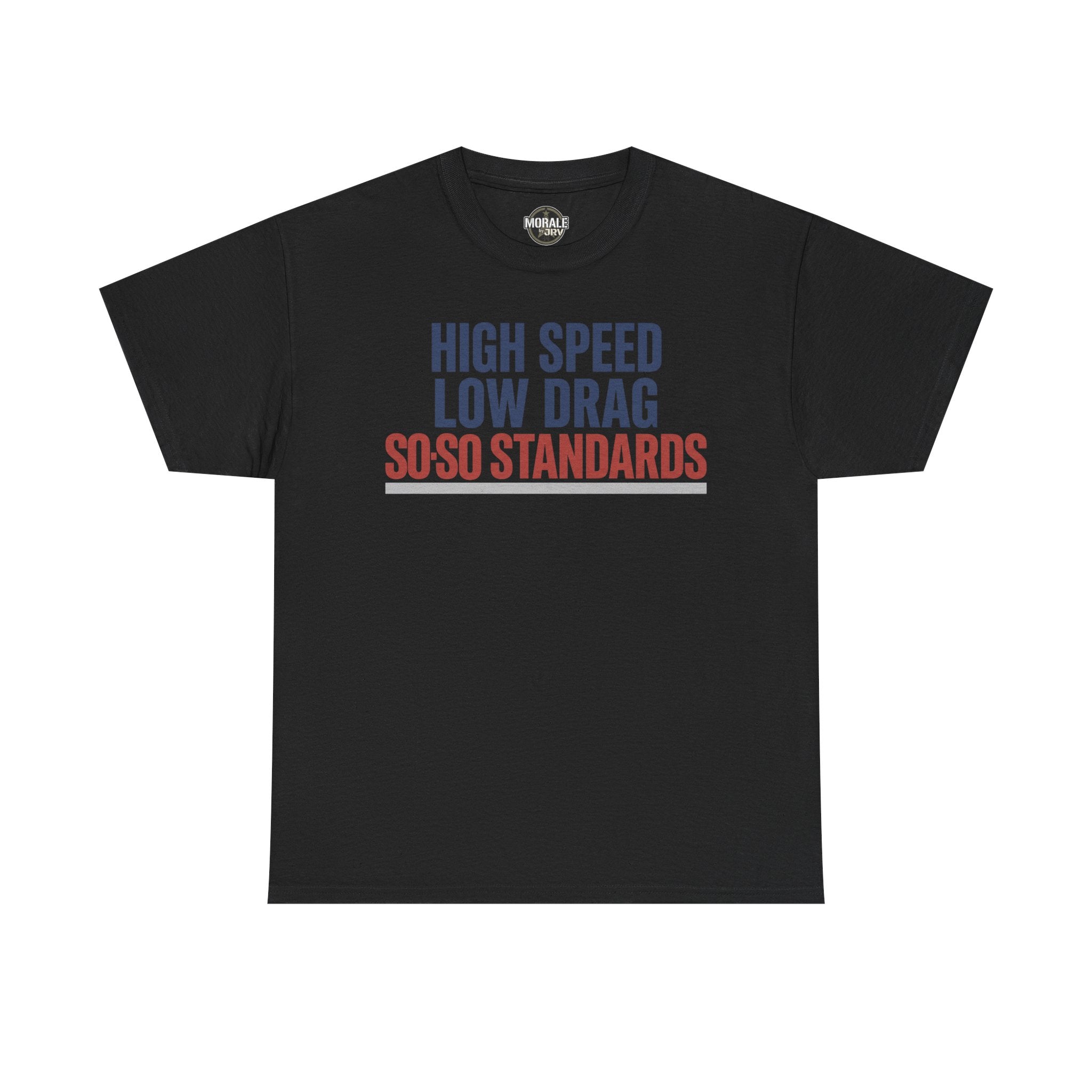 Black crew-neck T-shirt with blue and red "High Speed Low Drag" slogan graphic