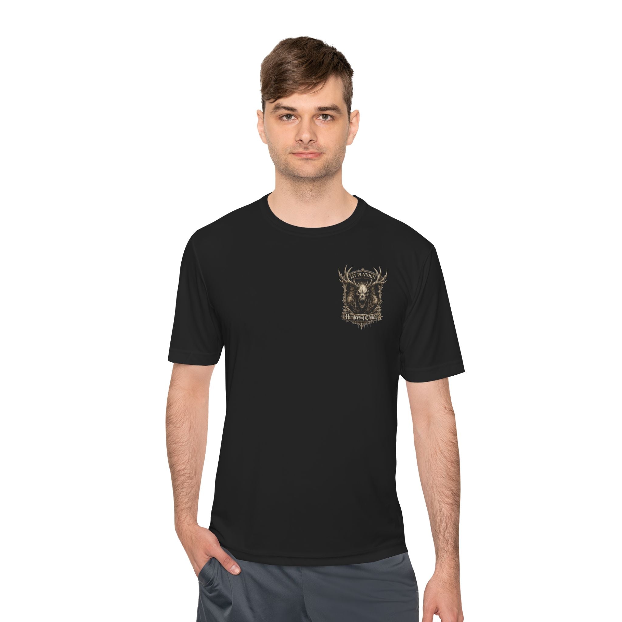 Black T-shirt with small chest deer emblem logo, worn by man