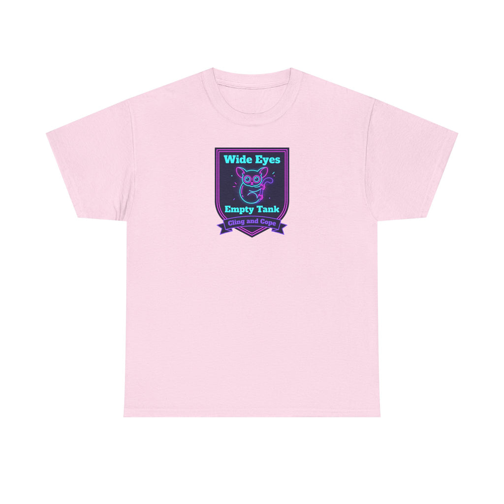 Wide Eyes Empty Tank T-shirt | Owl Illustration, Neon Purple & Teal Badge