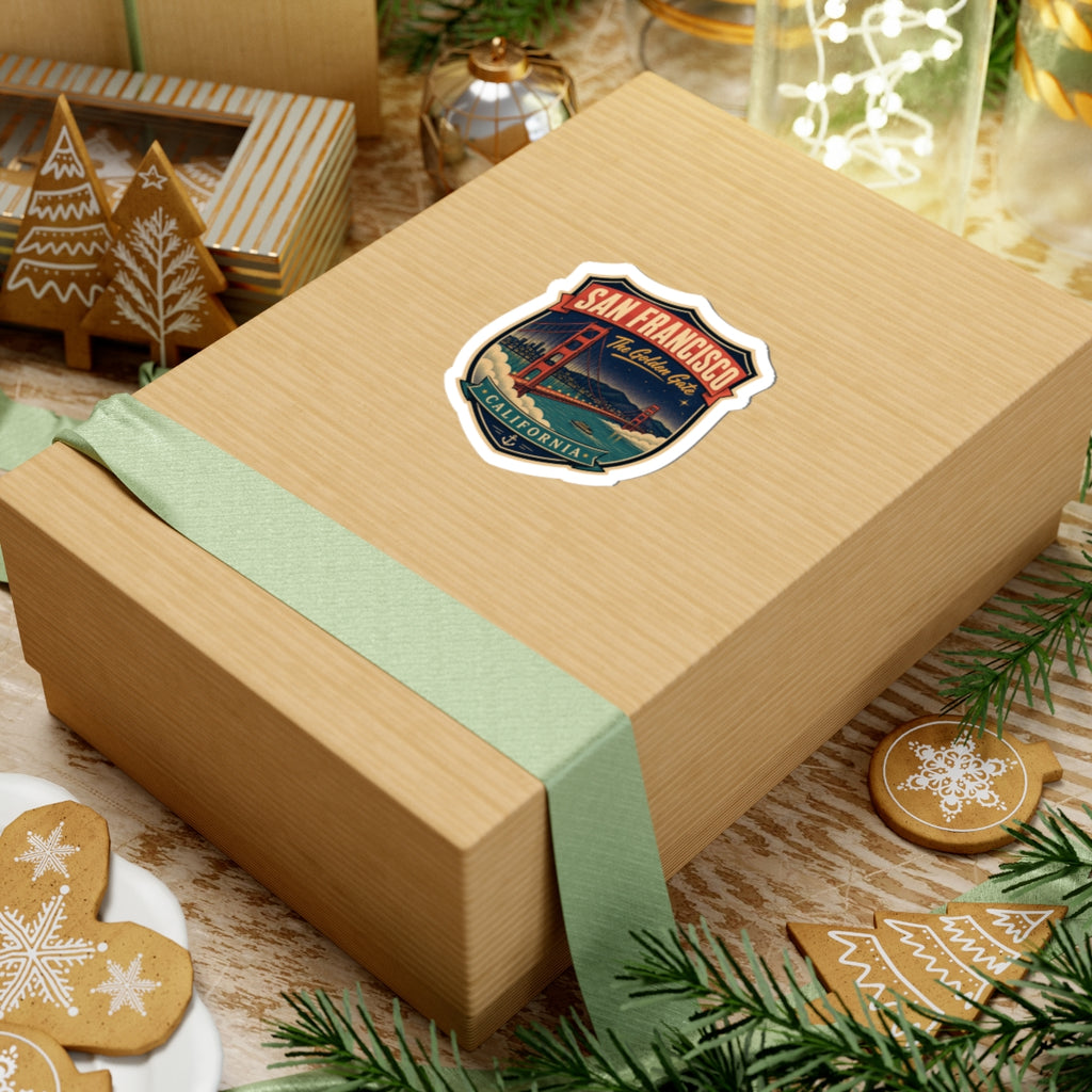 Luggage tag sticker on gift box: San Francisco shield with Golden Gate Bridge and California