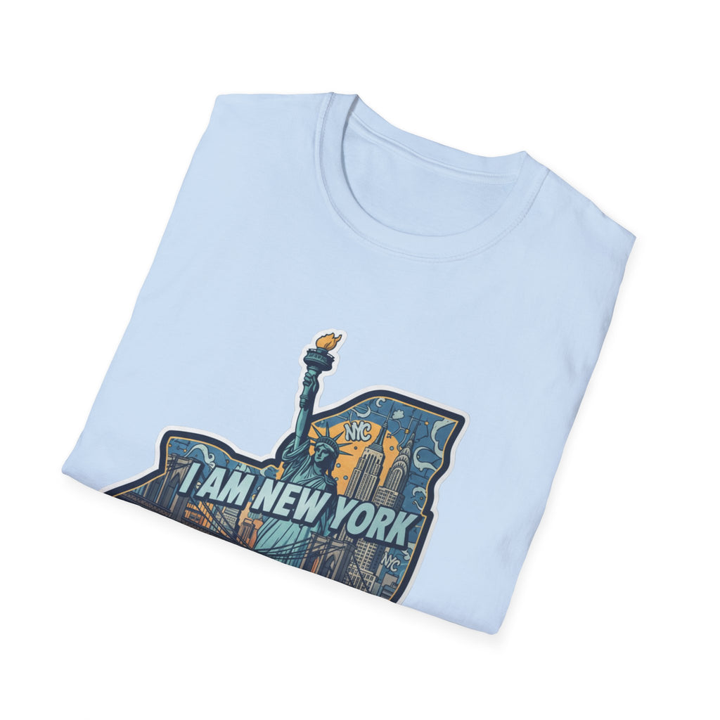 Light blue T-shirt with "I AM NEW YORK" city skyline graphic on front
