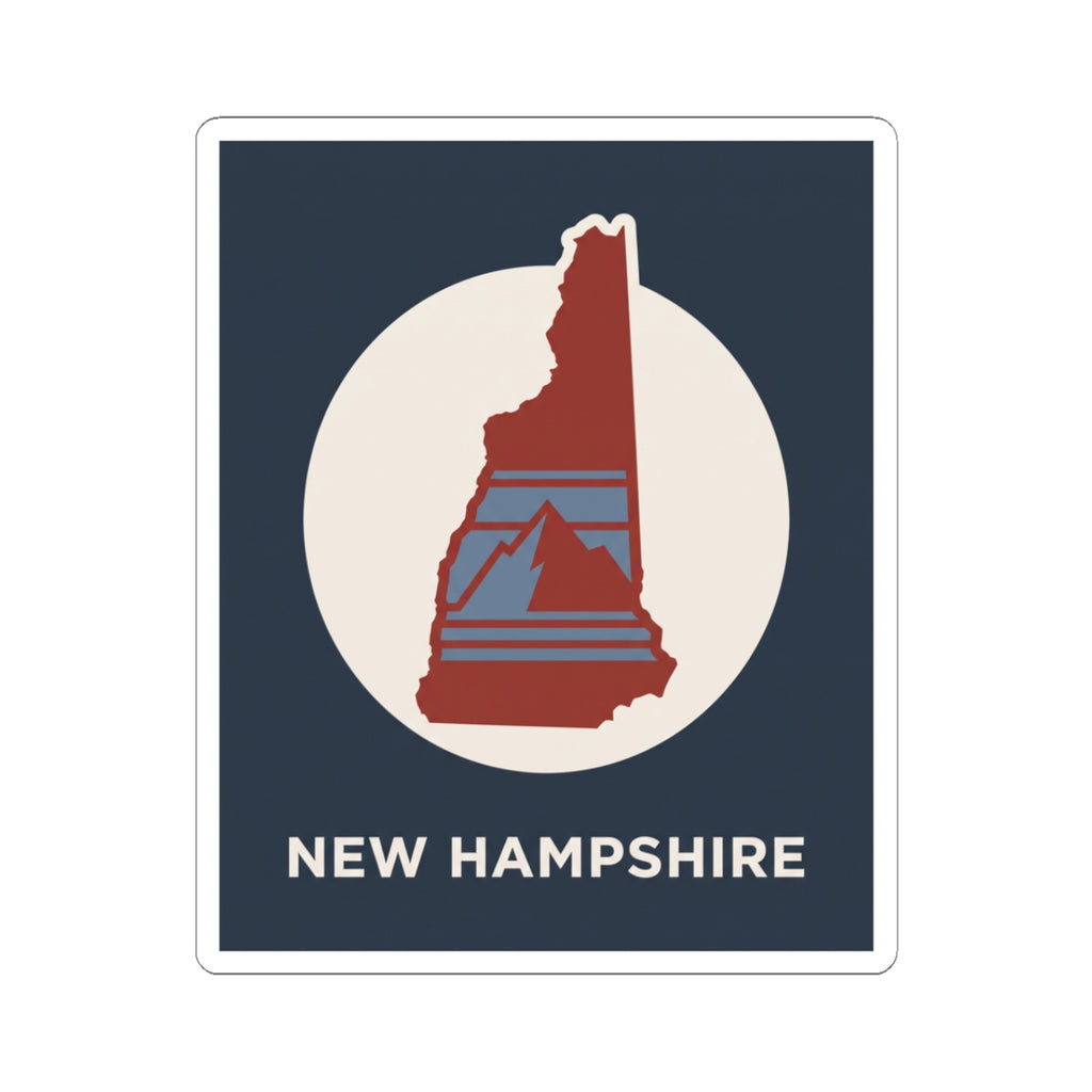 New Hampshire state silhouette kiss-cut sticker with navy background, red state, white circle, text