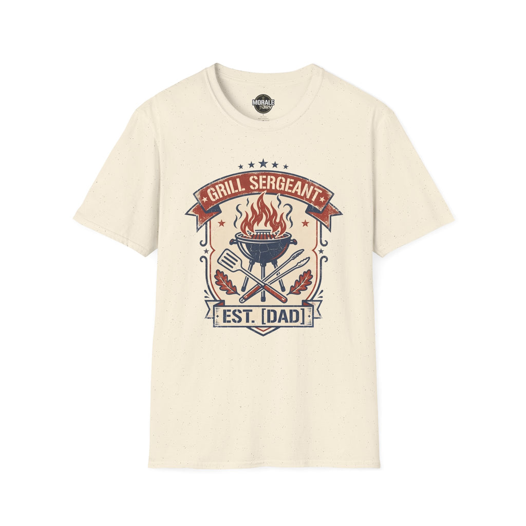 Natural/off-white Grill Sergeant BBQ T-shirt with flaming grill and EST. [DAD] badge graphic