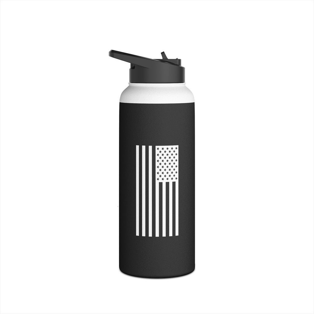 Stainless steel tumbler, black with white top and vertical stripe logo on front