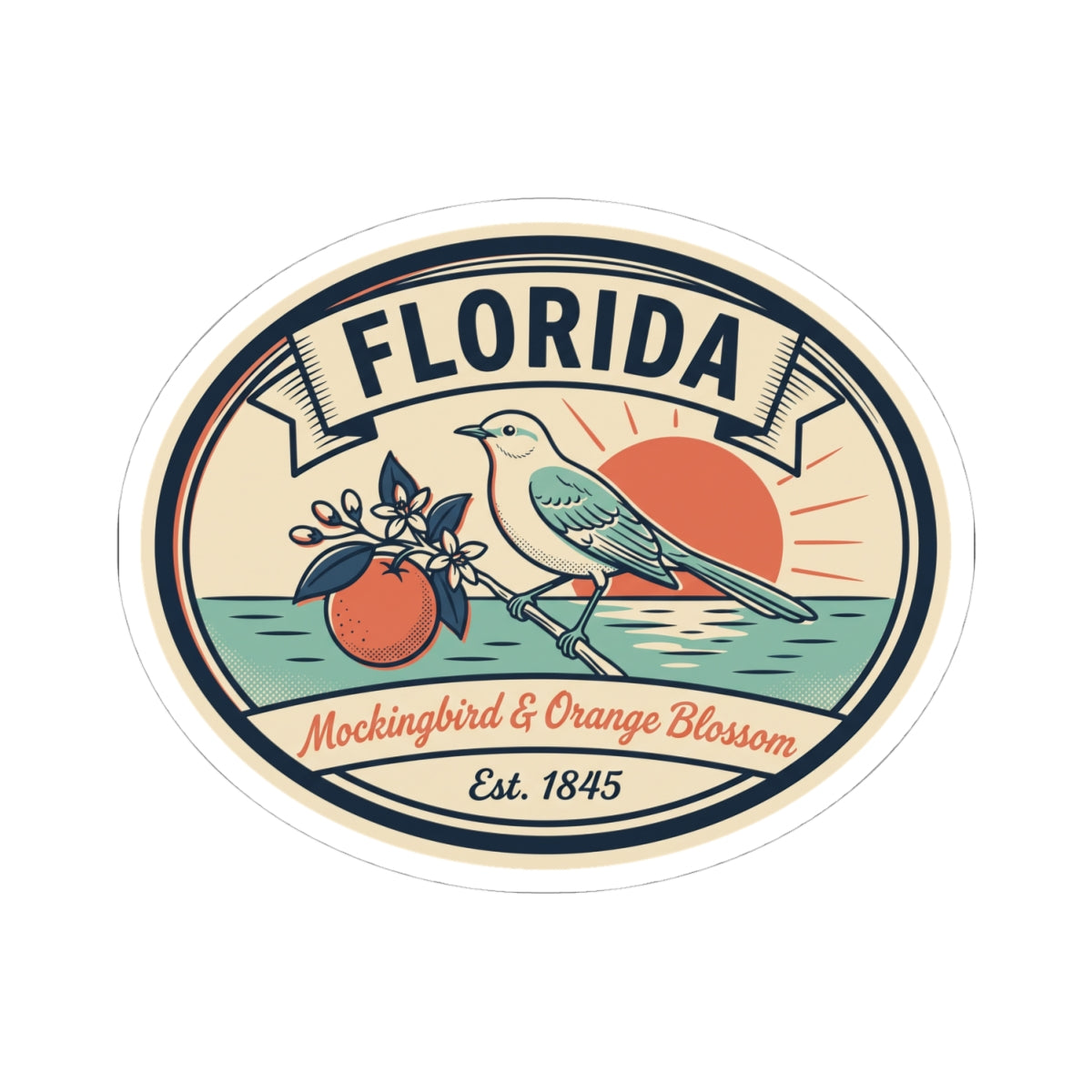 Circular Florida badge sticker showing mockingbird, orange fruit, and orange blossom art