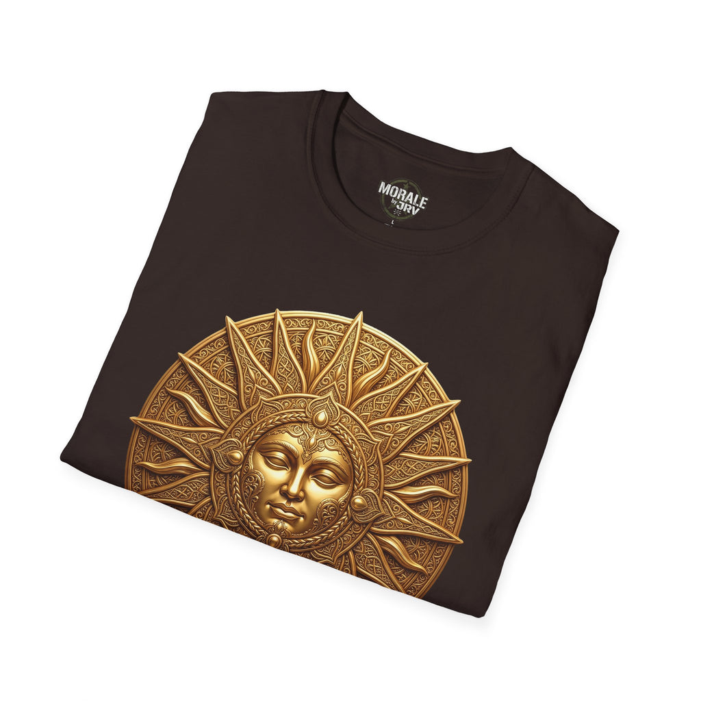 Dark Chocolate T-shirt with bronze-gold sun face medallion graphic on chest.