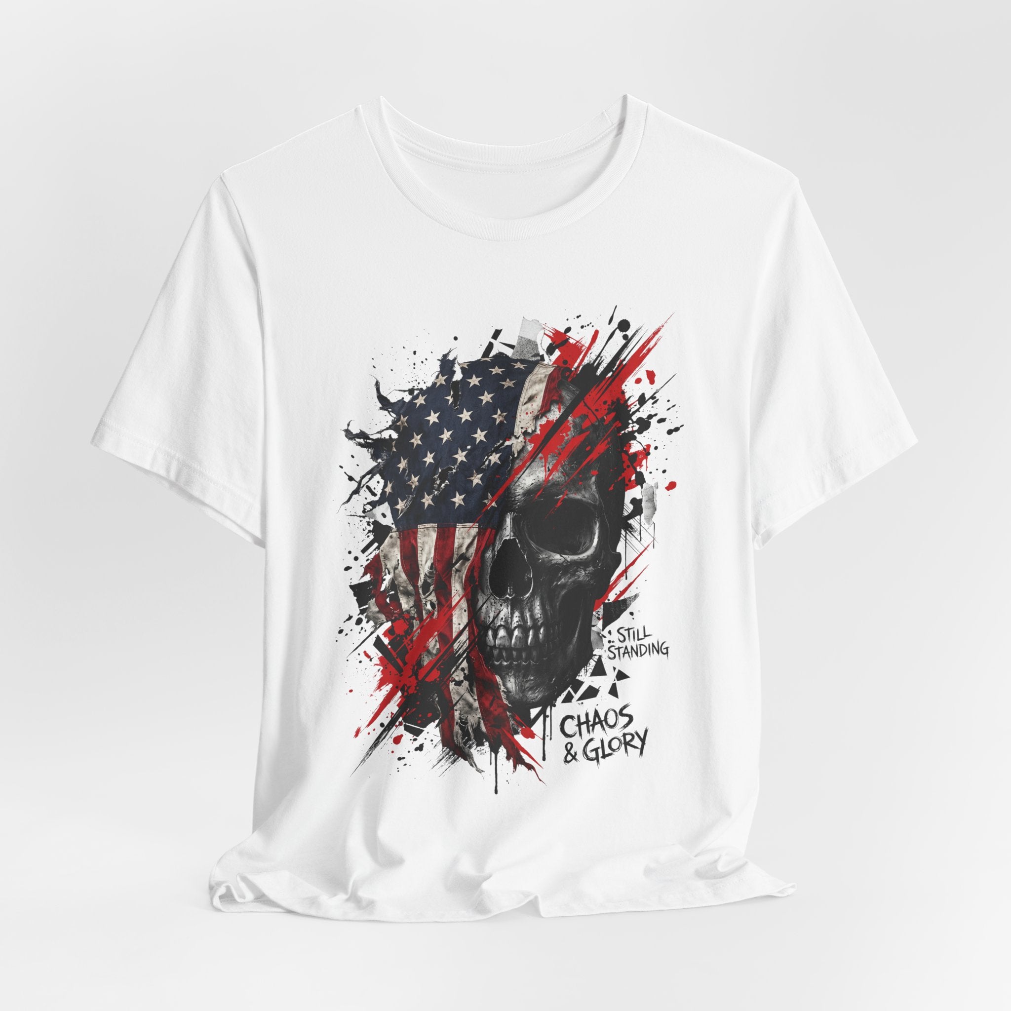 White crewneck T-shirt with skull and American flag graphic on the chest