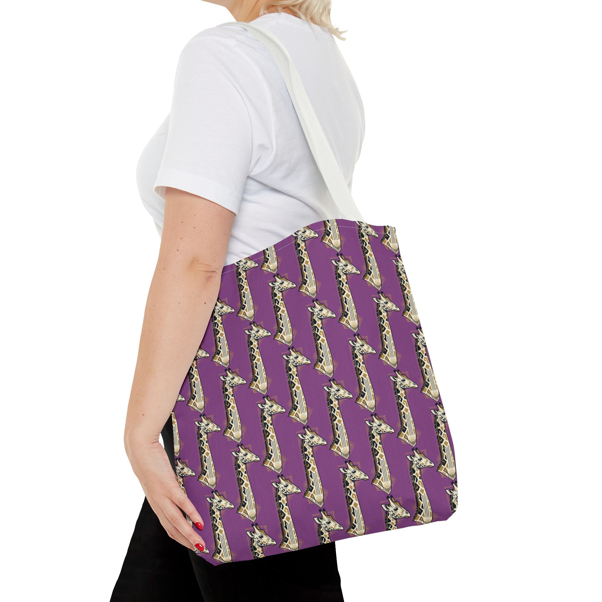 Purple saxophone patterned tote bag on shoulder with white strap