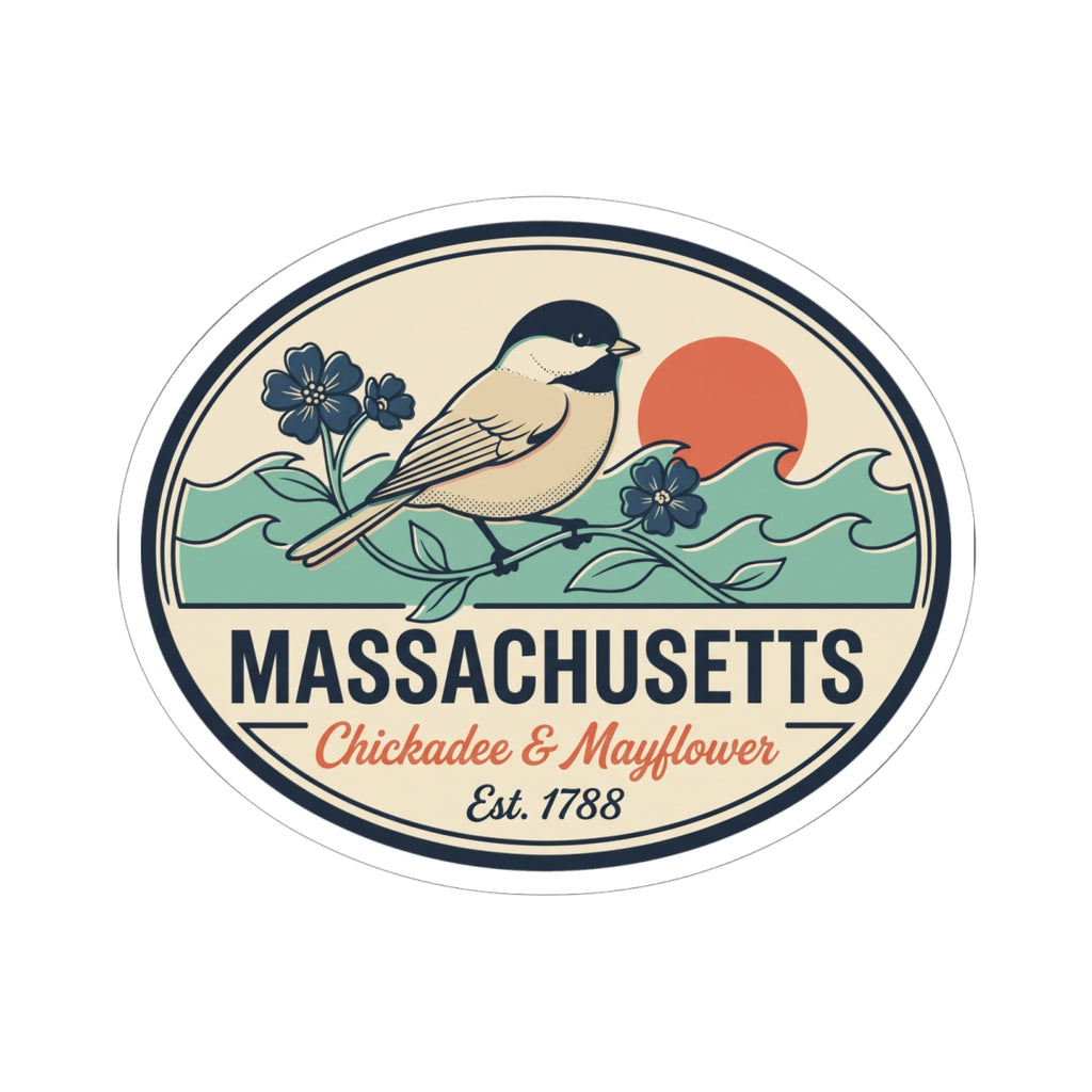 Round Massachusetts badge sticker with teal ground, bird and flowers in navy border