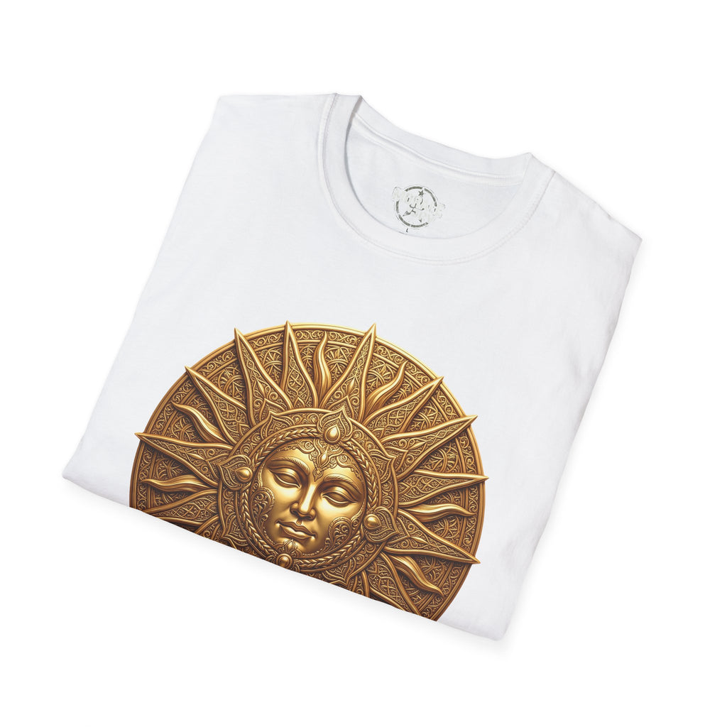 White T-shirt with bronze-gold sun face medallion graphic, angled front view