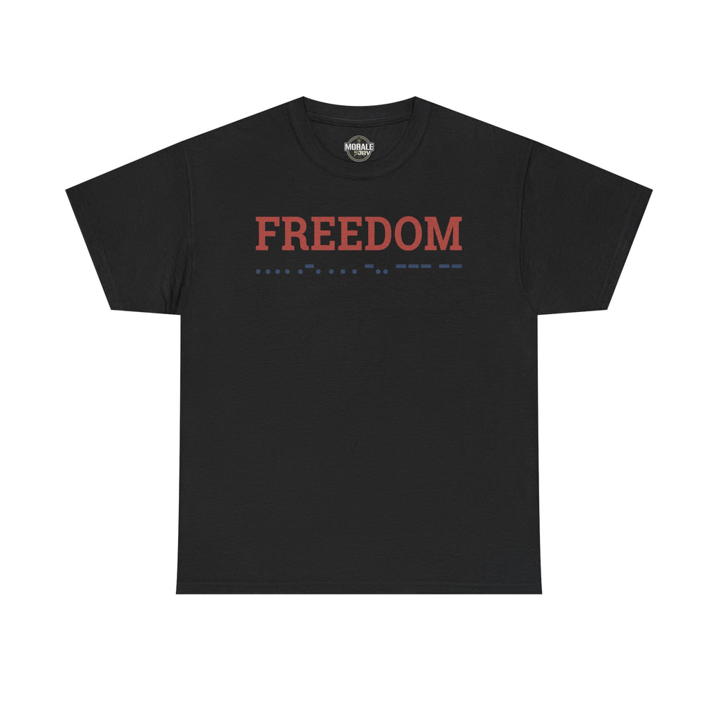 Freedom T-shirt, black crewneck with 'FREEDOM' Morse code graphic