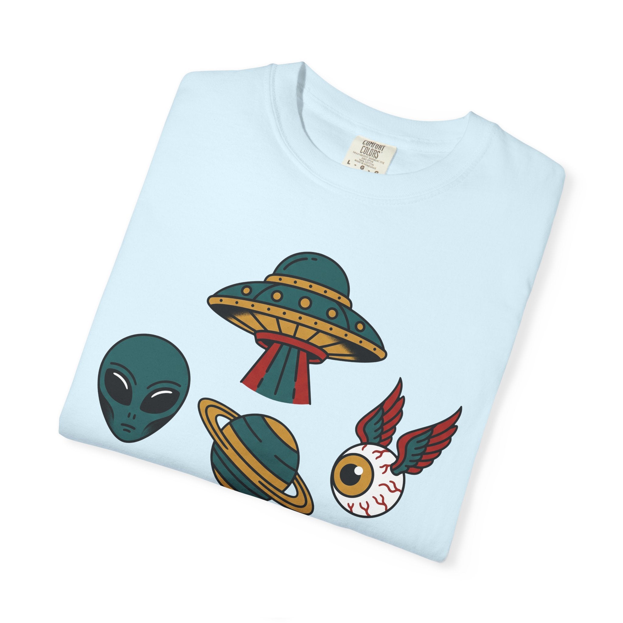 Light blue crew-neck T-shirt with alien and UFO graphic print