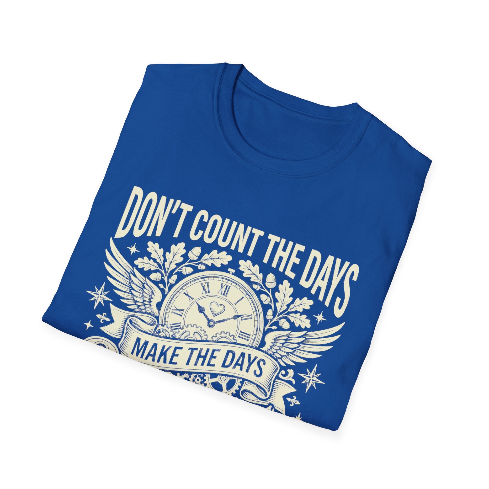 Inspirational quote T-shirt in royal blue with clock and wing graphic and full text