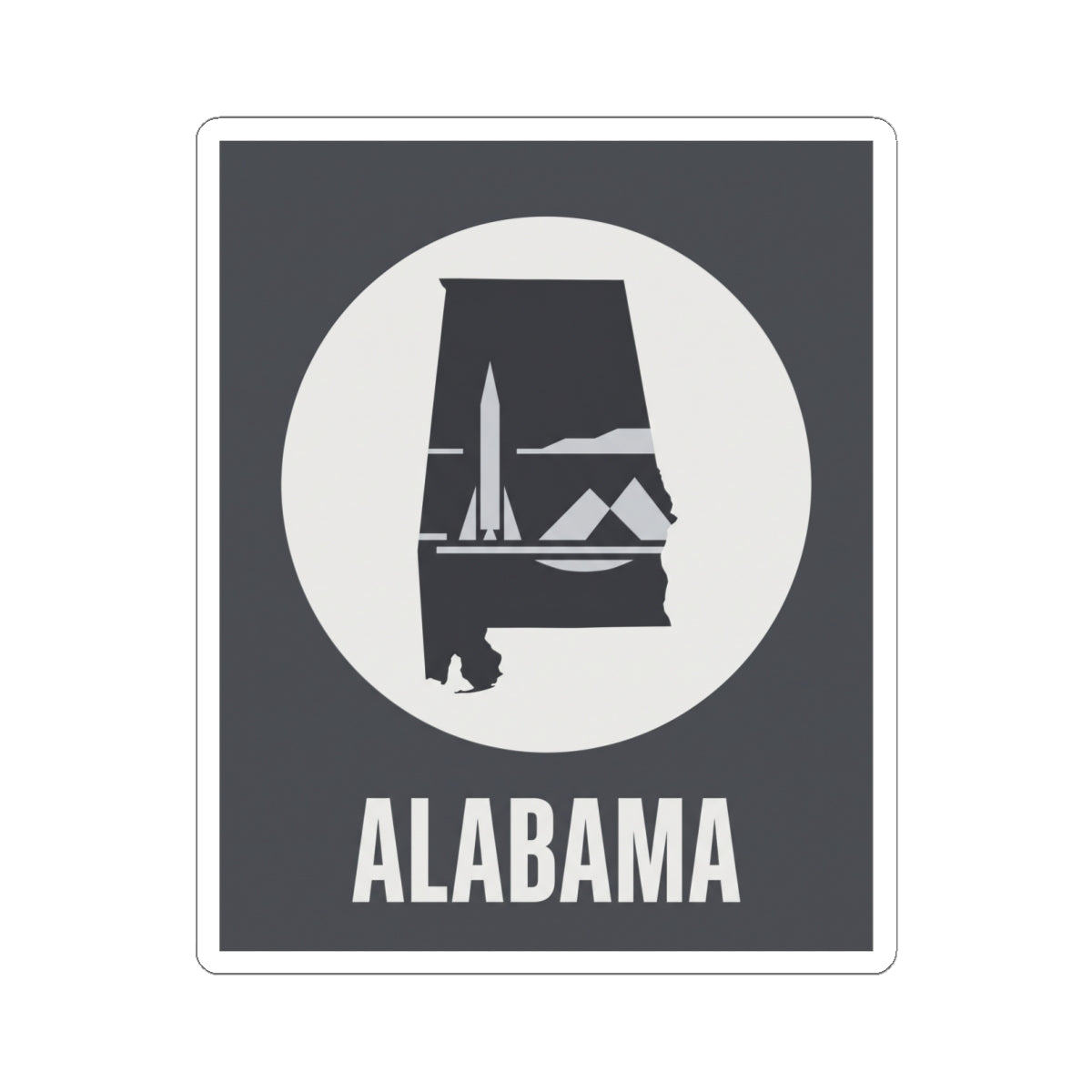 Square Alabama outline vinyl sticker featuring white circle emblem and “ALABAMA” lettering