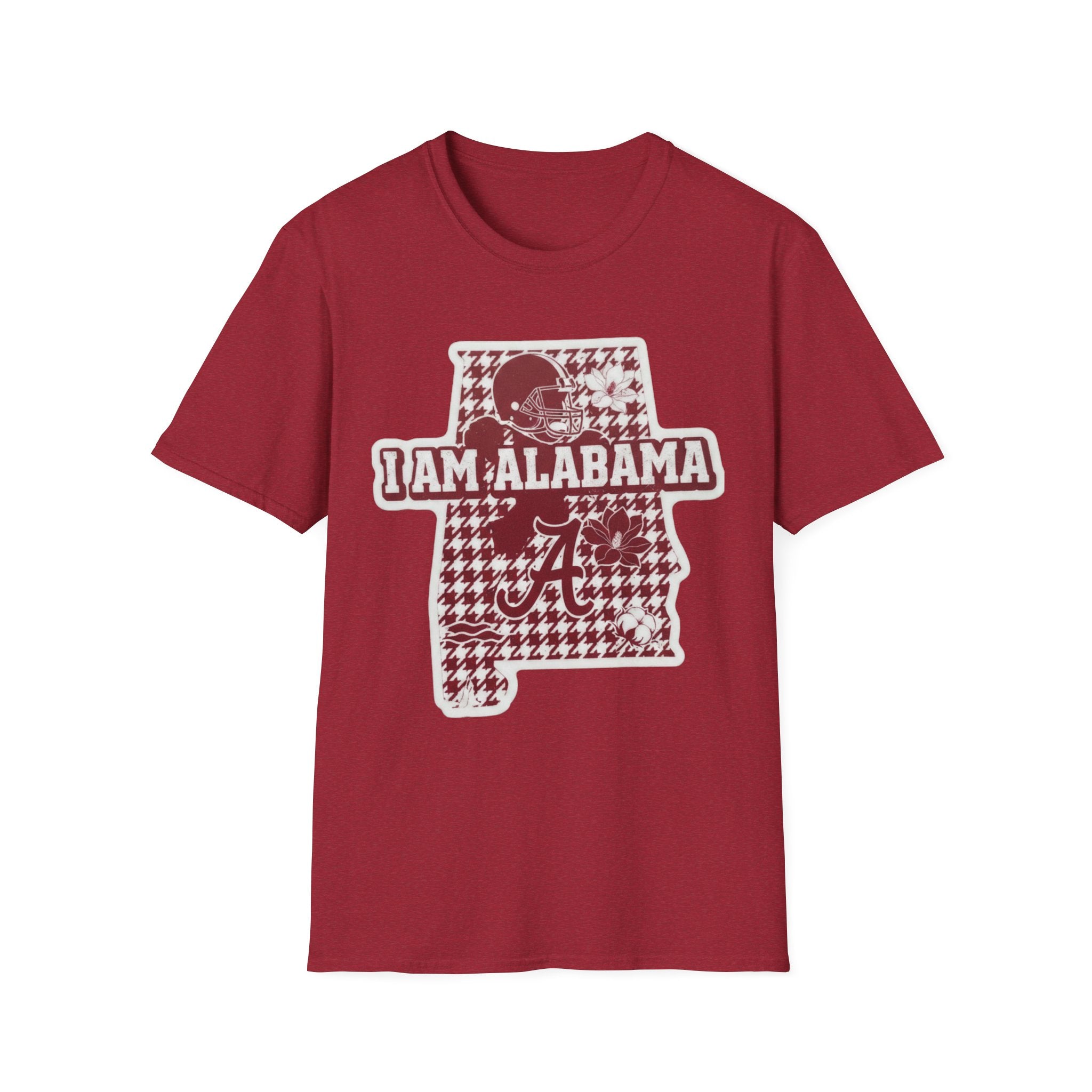 I Am Alabama houndstooth graphic T-shirt, Antique Cherry Red, maroon state graphic