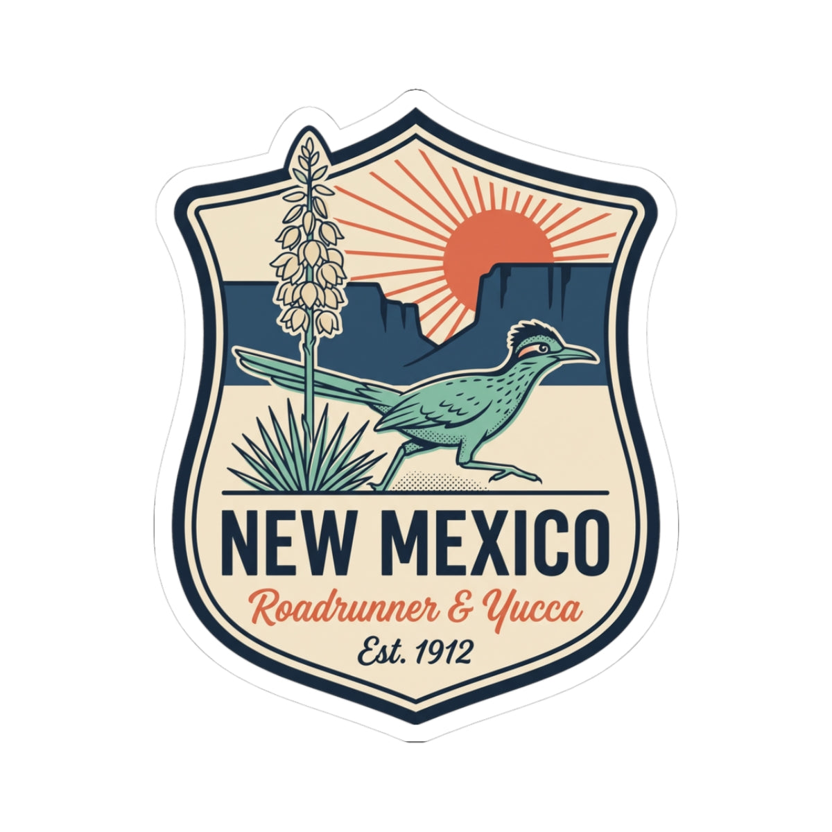 Shield-shaped vinyl badge sticker with roadrunner, yucca, and “NEW MEXICO” text