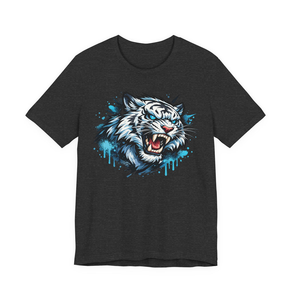 Dark charcoal unisex t-shirt with roaring tiger head graphic and blue drip print