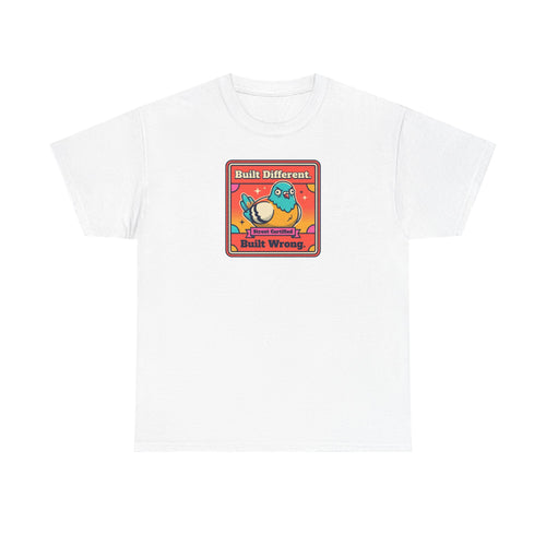 White t-shirt with framed bird graphic, 'Built Different' and 'Built Wrong' text.