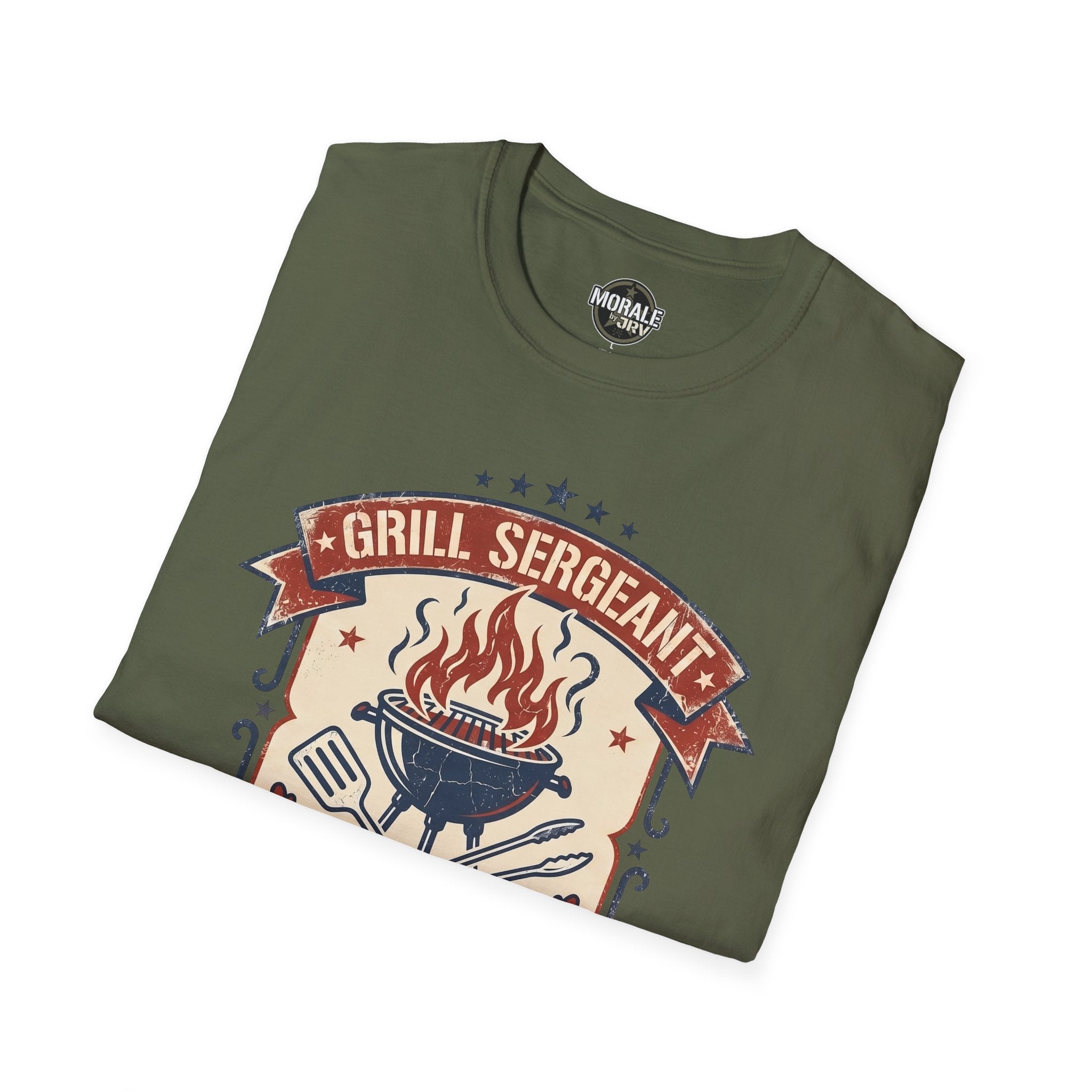 Military green T-shirt with “GRILL SERGEANT” BBQ badge and grill flame graphic