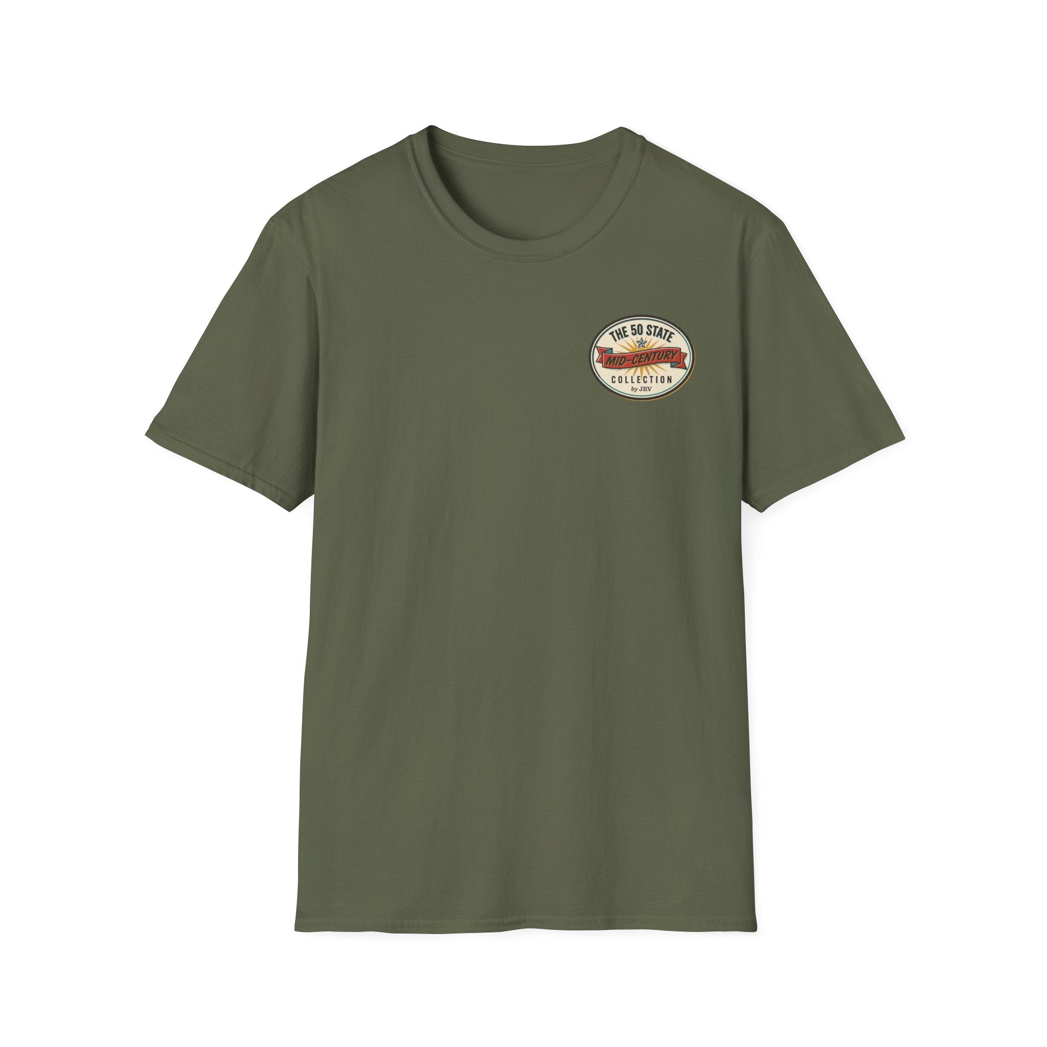 Olive green crew-neck T-shirt with small circular logo patch on chest
