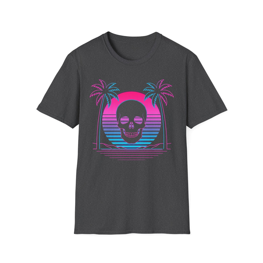Dark heather T-shirt with vaporwave skull graphic, palm trees and sunset arch design