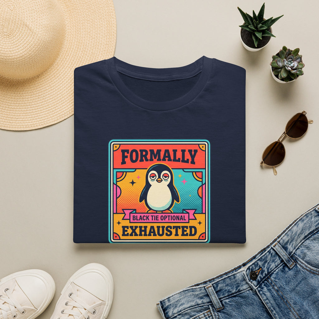 Funny Penguin T-Shirt | Formally Exhausted Black Tie Optional Retro Graphic Tee | Penguin Gift