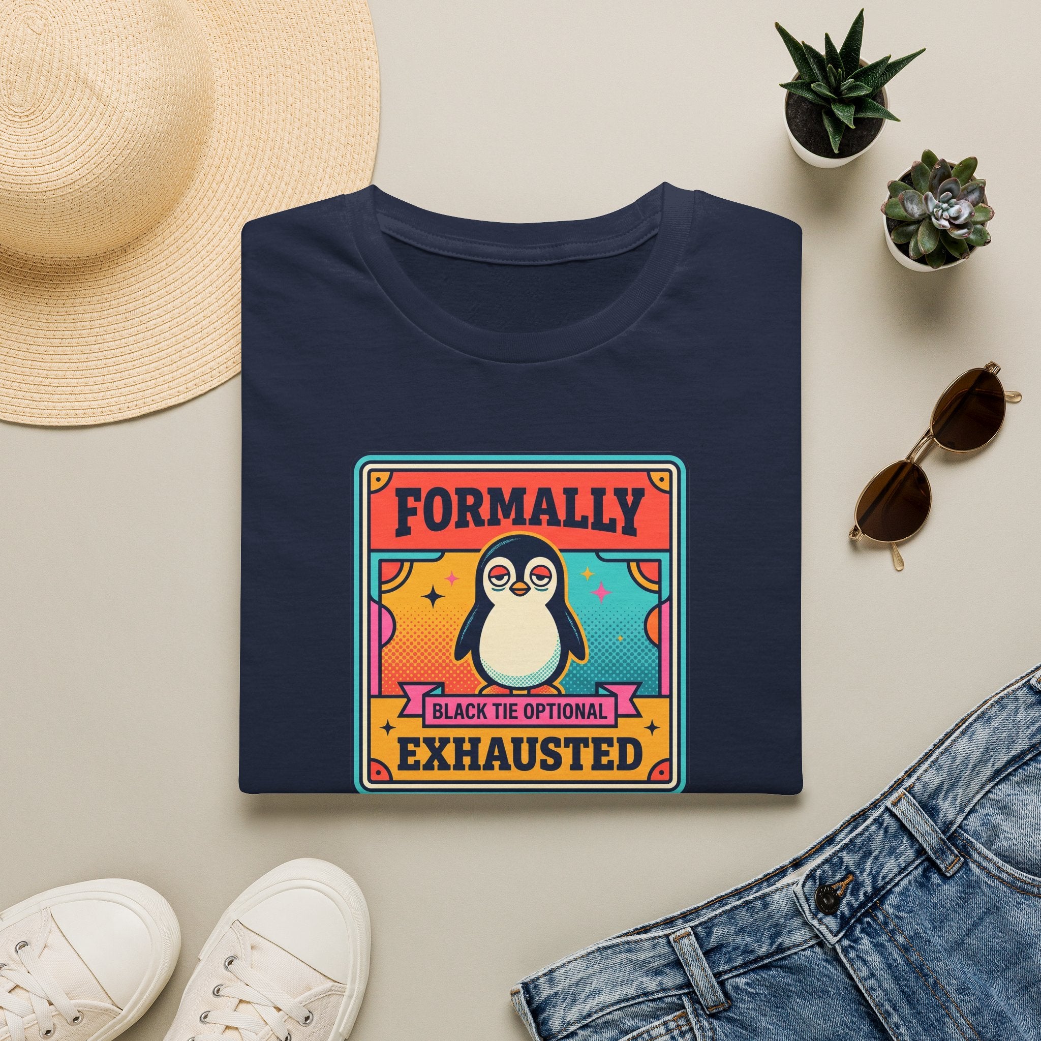 Funny Penguin T-Shirt | Formally Exhausted Black Tie Optional Retro Graphic Tee | Penguin Gift