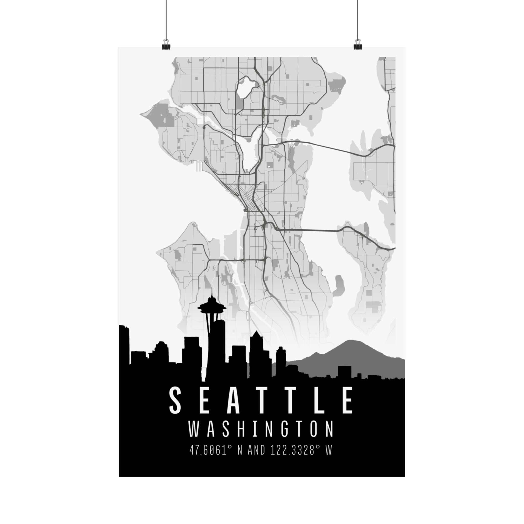 Seattle skyline map poster, matte vertical design with Washington label and coordinates