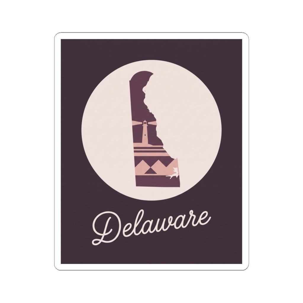 Delaware silhouette vinyl sticker with mauve lighthouse and 'Delaware' script inside circle