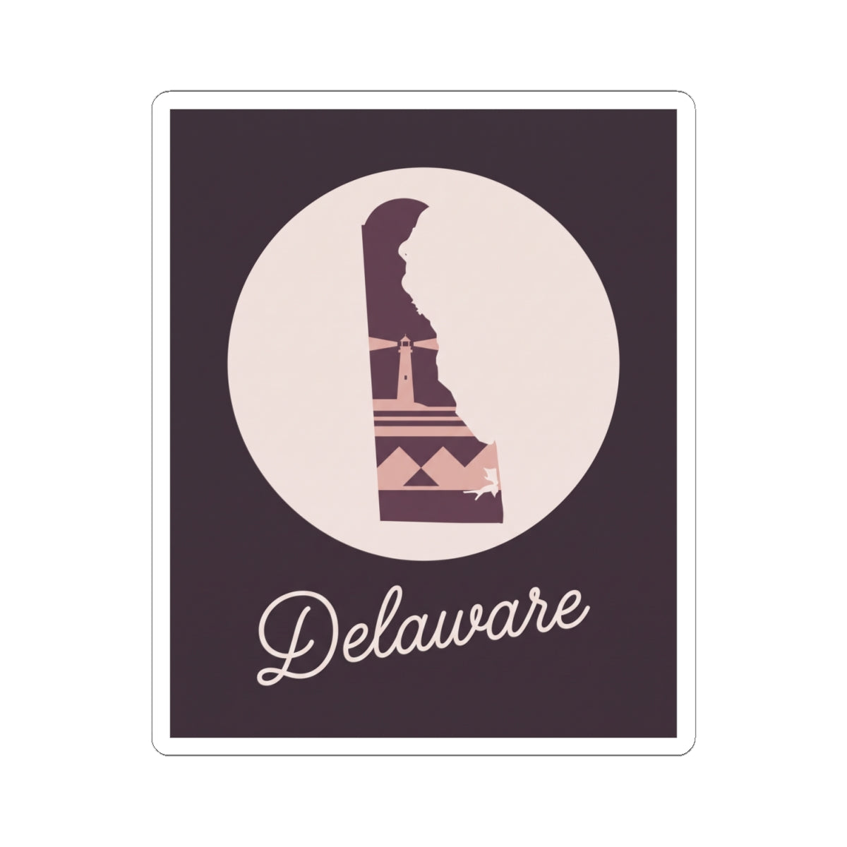 Delaware silhouette vinyl sticker with mauve lighthouse and 'Delaware' script inside circle