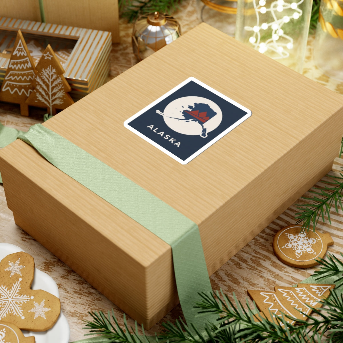 Square Alaska map badge sticker on a gift box, retro mountain graphic in red and navy