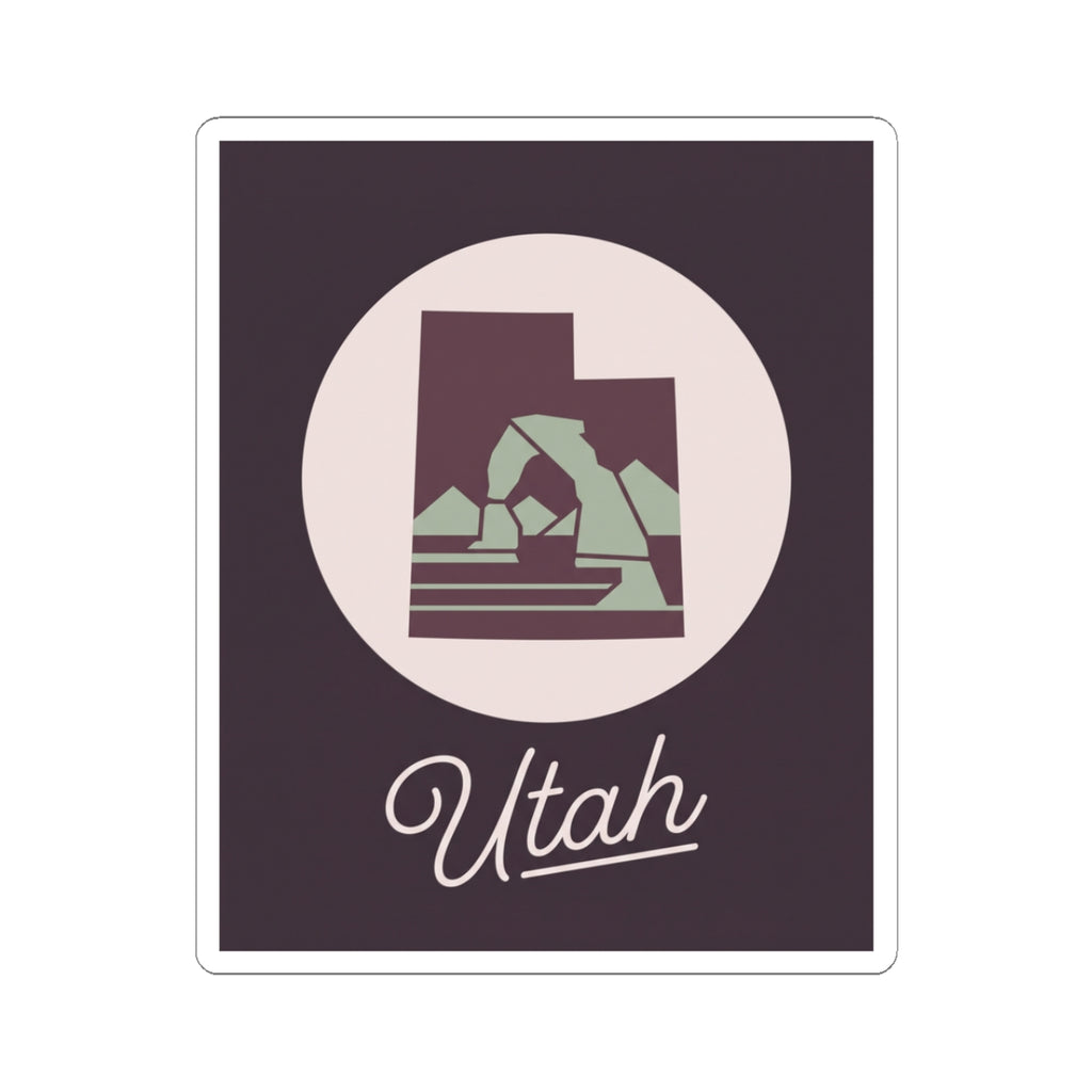 Utah state decal sticker with circular mountain graphic and script “Utah” on dark purple.