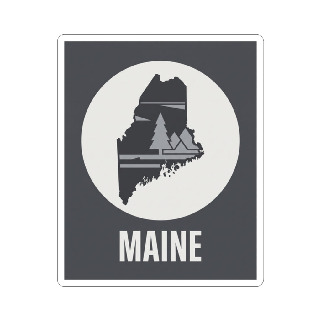 Rectangular Maine sticker featuring circular pine tree map emblem and bold 'MAINE' text.