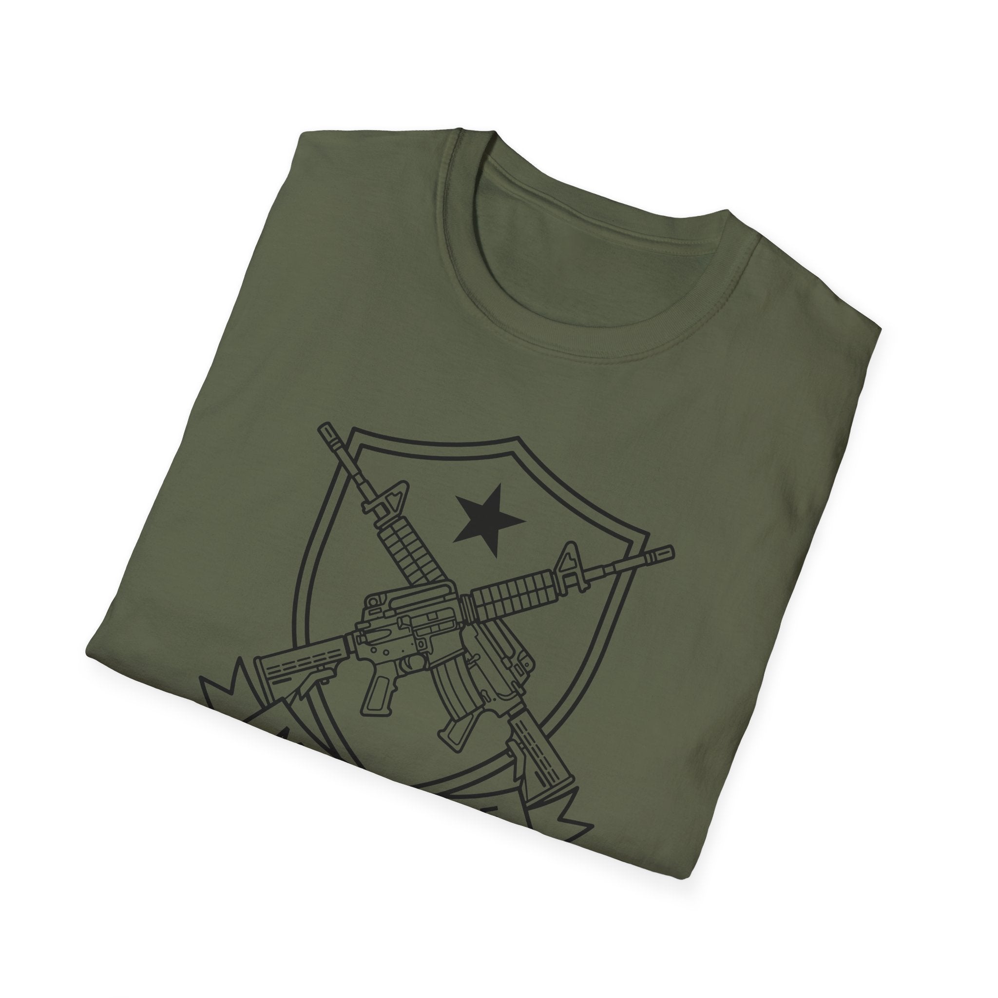 Olive green crewneck T-shirt with shield emblem and crossed rifles print