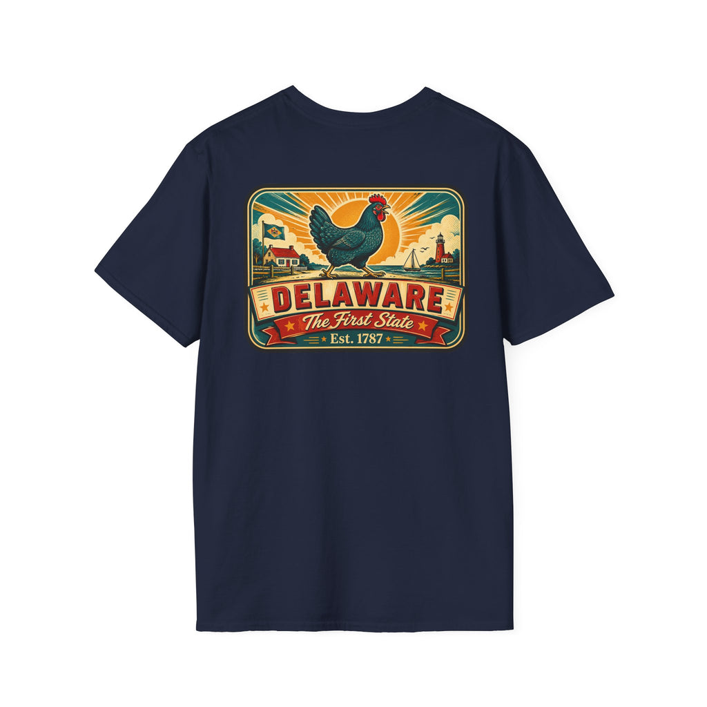 Navy Delaware travel badge T-shirt with colorful hen and “Delaware” front graphic