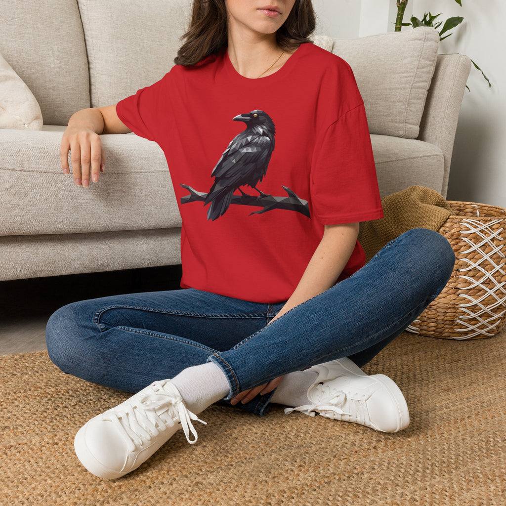 Red short-sleeve T-shirt with raven bird graphic on the front.