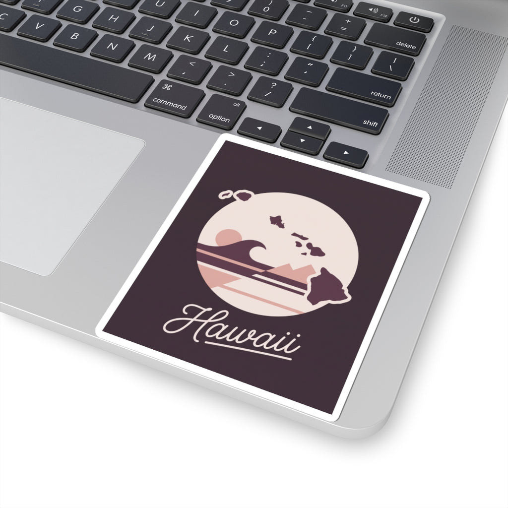 Mauve square Hawaii silhouette vinyl decal, circle graphic with surf stripes and “Hawaii”
