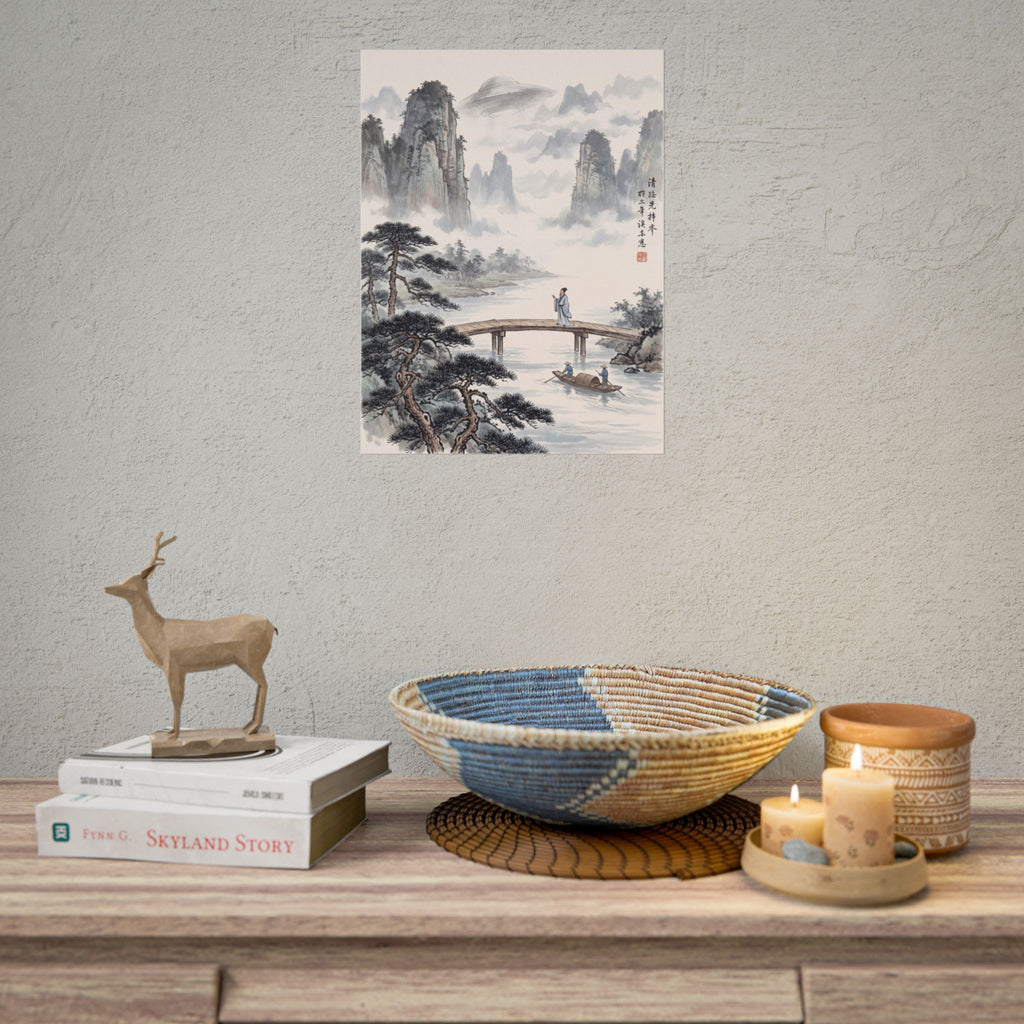 Traditional Chinese landscape rolled poster on wall above table, with misty mountains and river bridge
