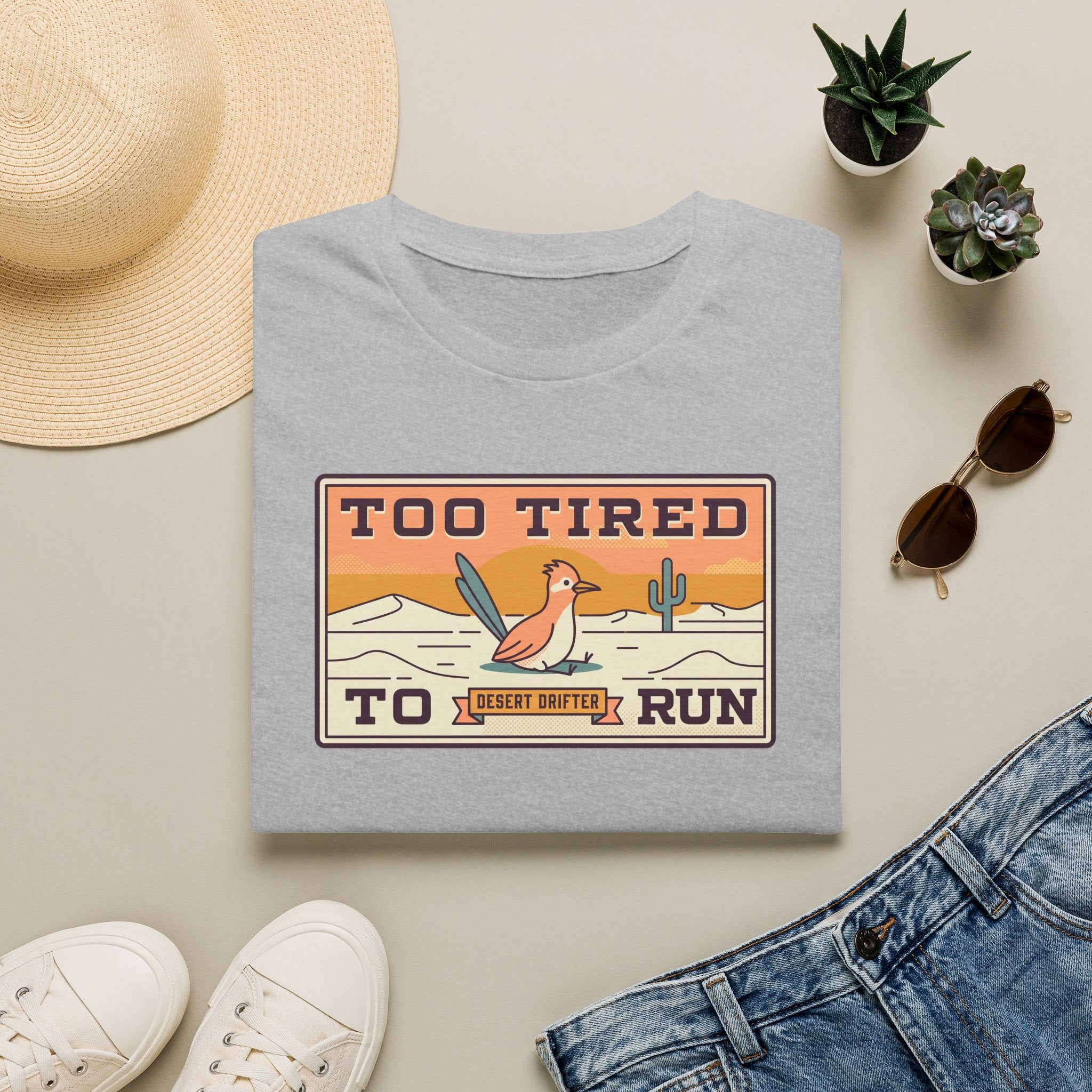Funny Roadrunner T-Shirt | Too Tired Too Run Desert Drifter Retro Graphic Tee | Runner Gift